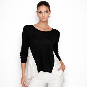 NWT Sandro Paris Top‎ Black White Linen Blend Lace Trim Burnout Sz 2 Medium